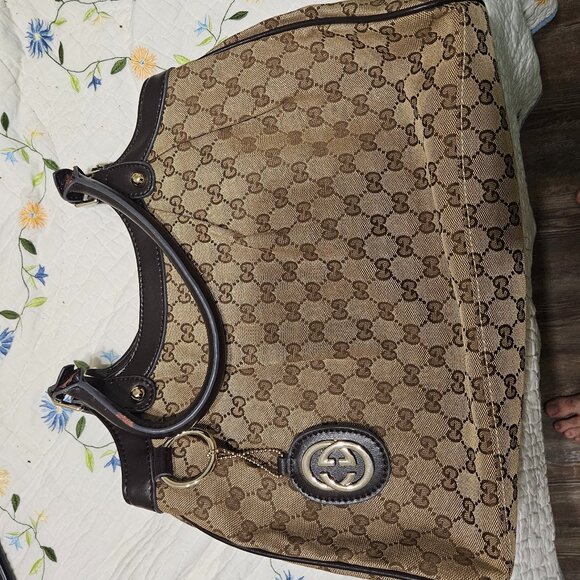 GUCCI Medium Sukey Canvas Leather Tote Bag Authentic Neutral Brown Tan - Picture 1 of 5